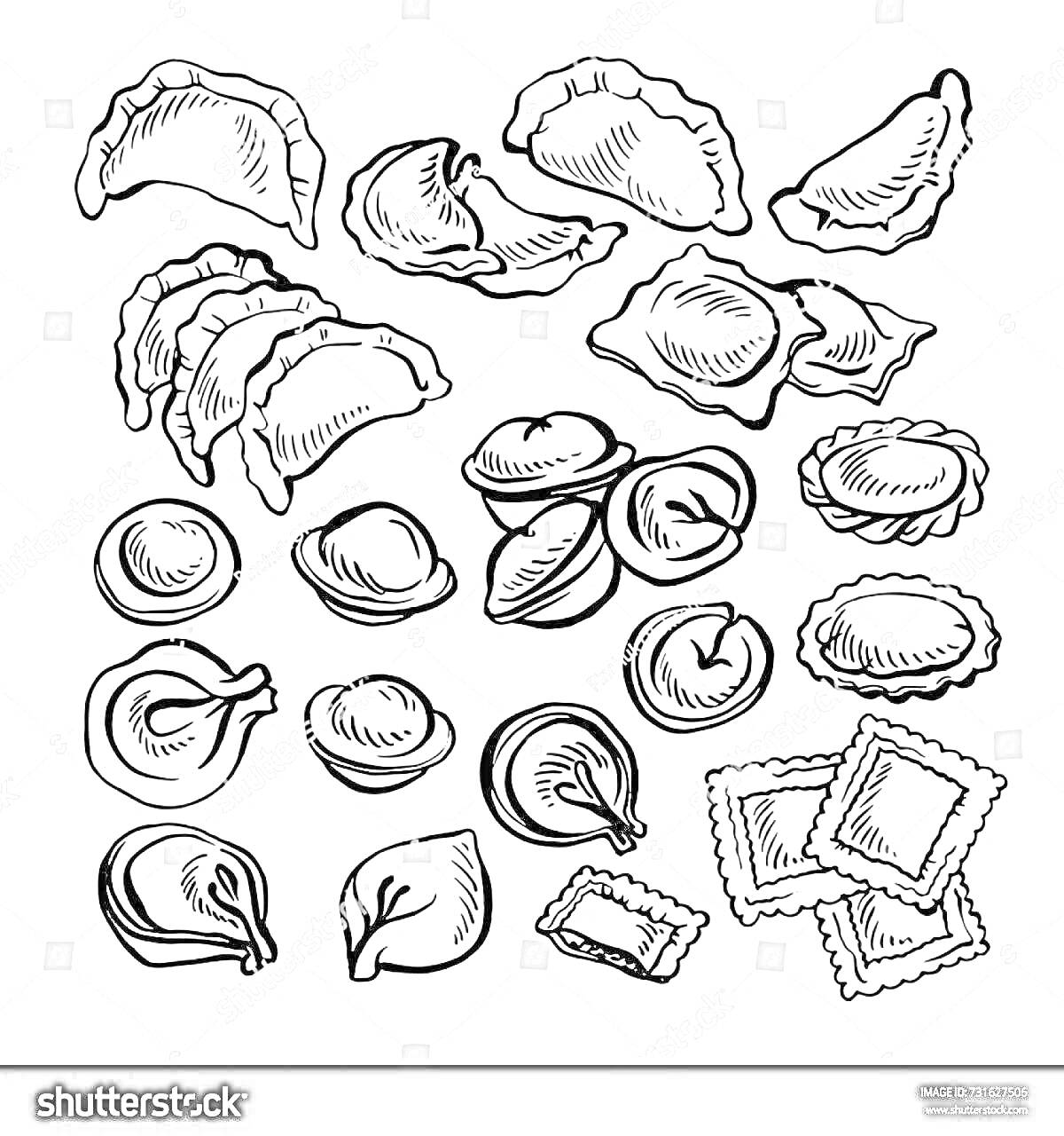 Раскраска Набор различных видов пирожков, вареников и равиоли
