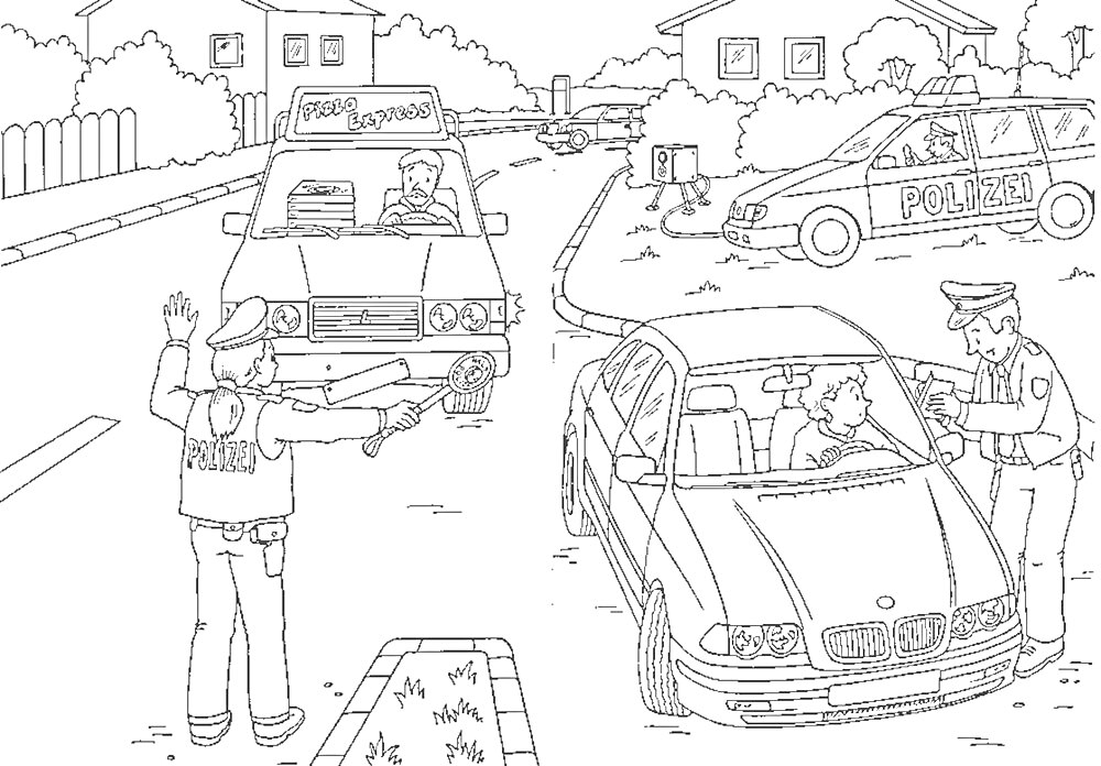На раскраске изображено: Полиция, Патрульная машина, Безопасность, Дом, Авто, Дороги, Улицы