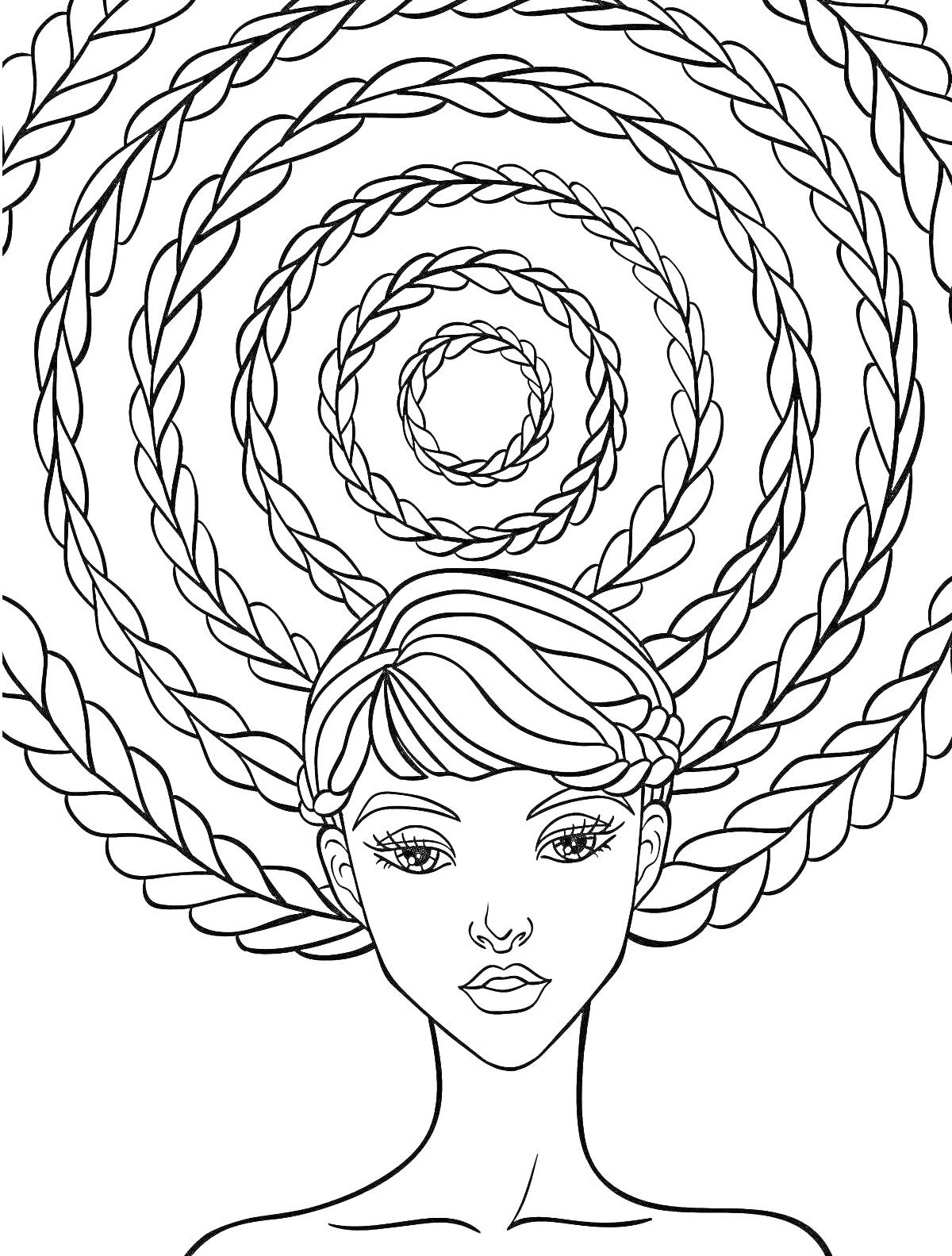 Раскраска Портрет девушки с волосами в виде спиральных кос