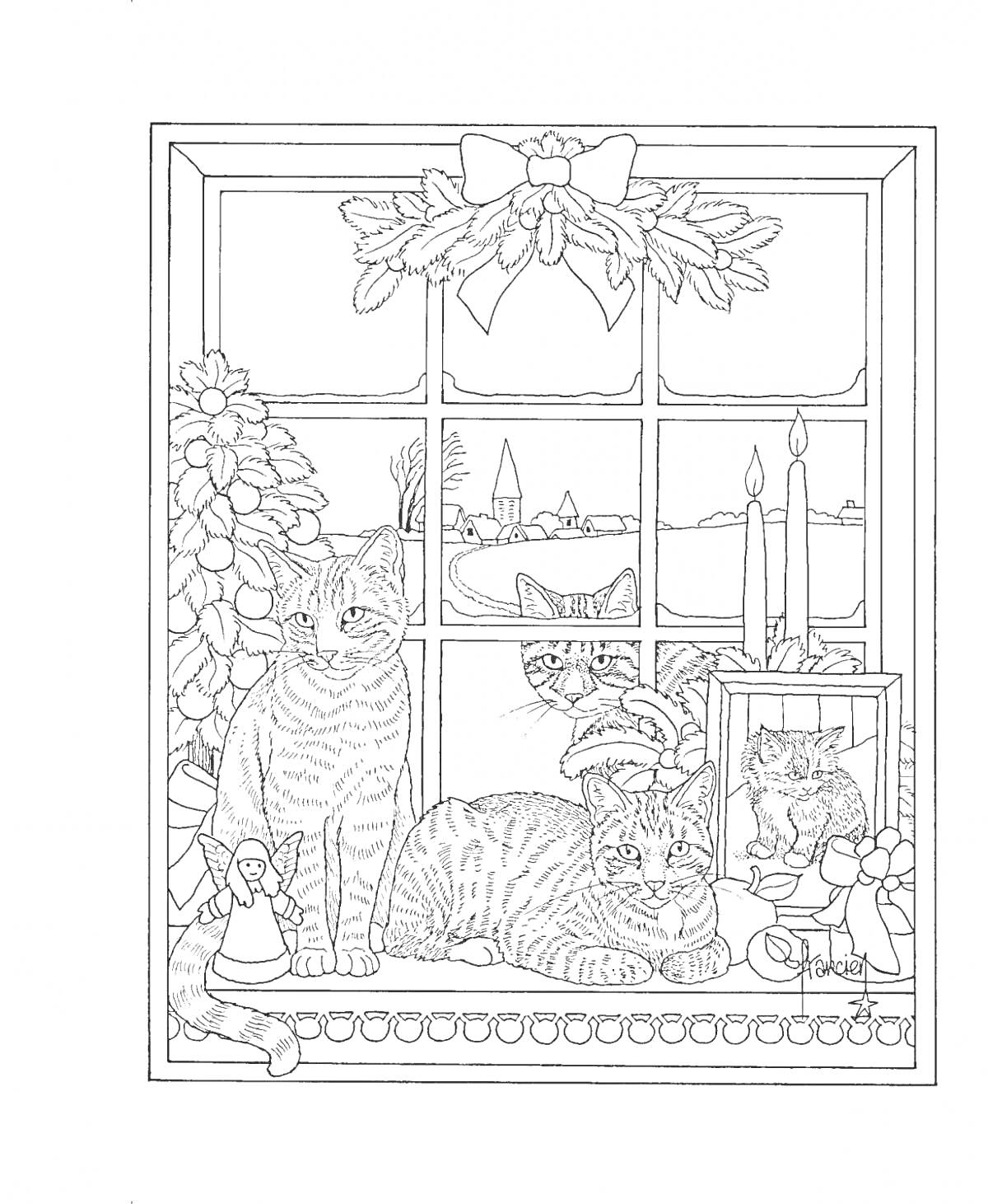 Раскраска Кошки у окна с новогодними украшениями и свечами