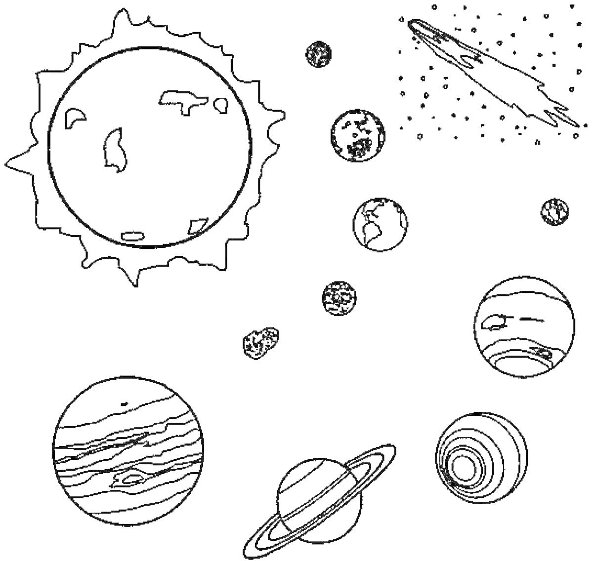 На раскраске изображено: Планеты, Солнце, Комета, Солнечная система, Астрономия, Космос, Земля, Сатурн, Юпитер, Меркурий, Венера, Марс, Уран, Нептун, Звезды, Астероиды
