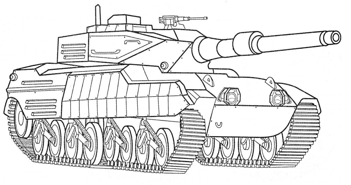 Раскраска Боевой танк с пушкой, пулеметом, гусеницами и броней