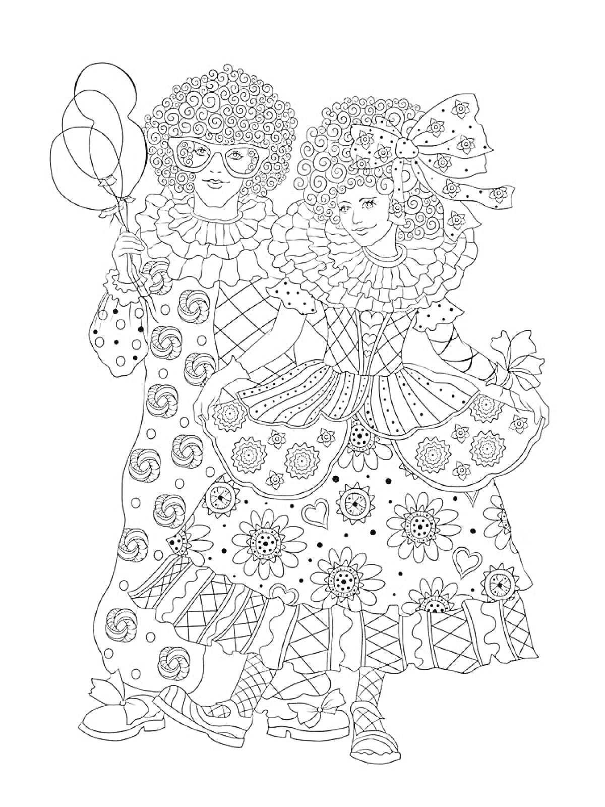 Раскраска Два человека на карнавале, одеты в костюмы с узорами, один держит три воздушных шара, костюмы украшены цветами и завитушками