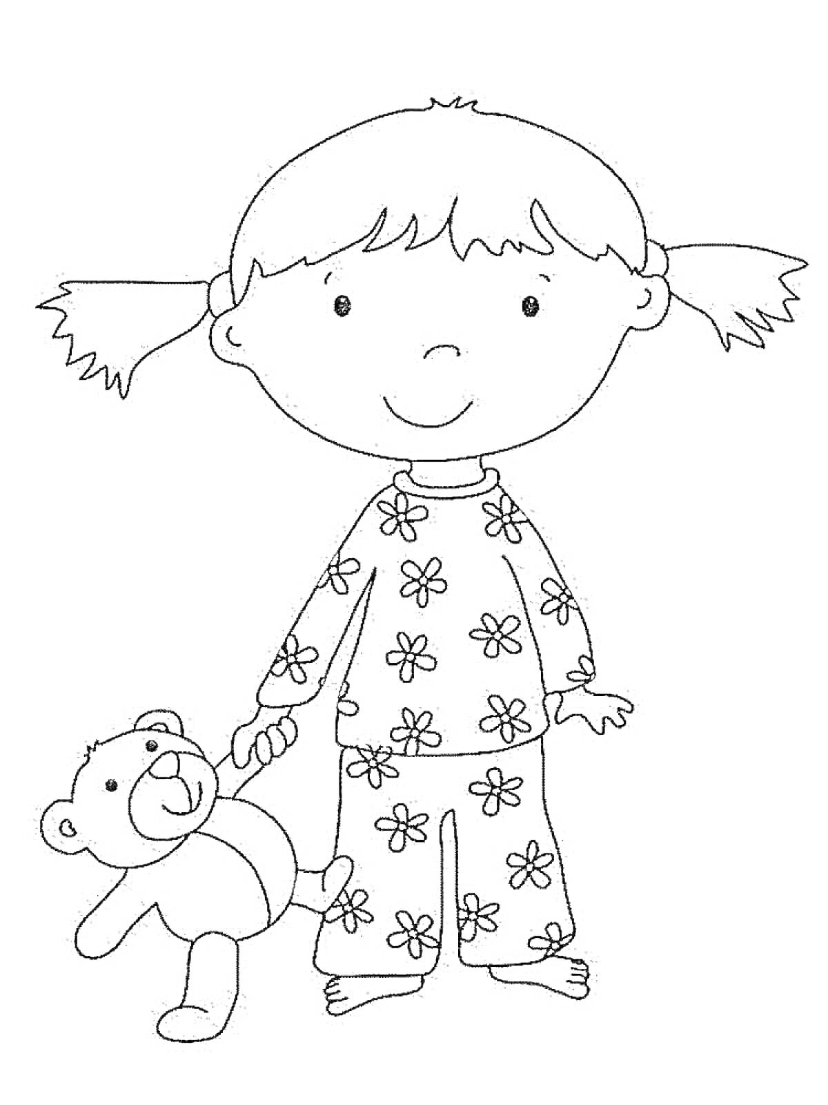На раскраске изображено: Девочка, Косички, Пижама, Плюшевый медведь, Игрушки, Цветы