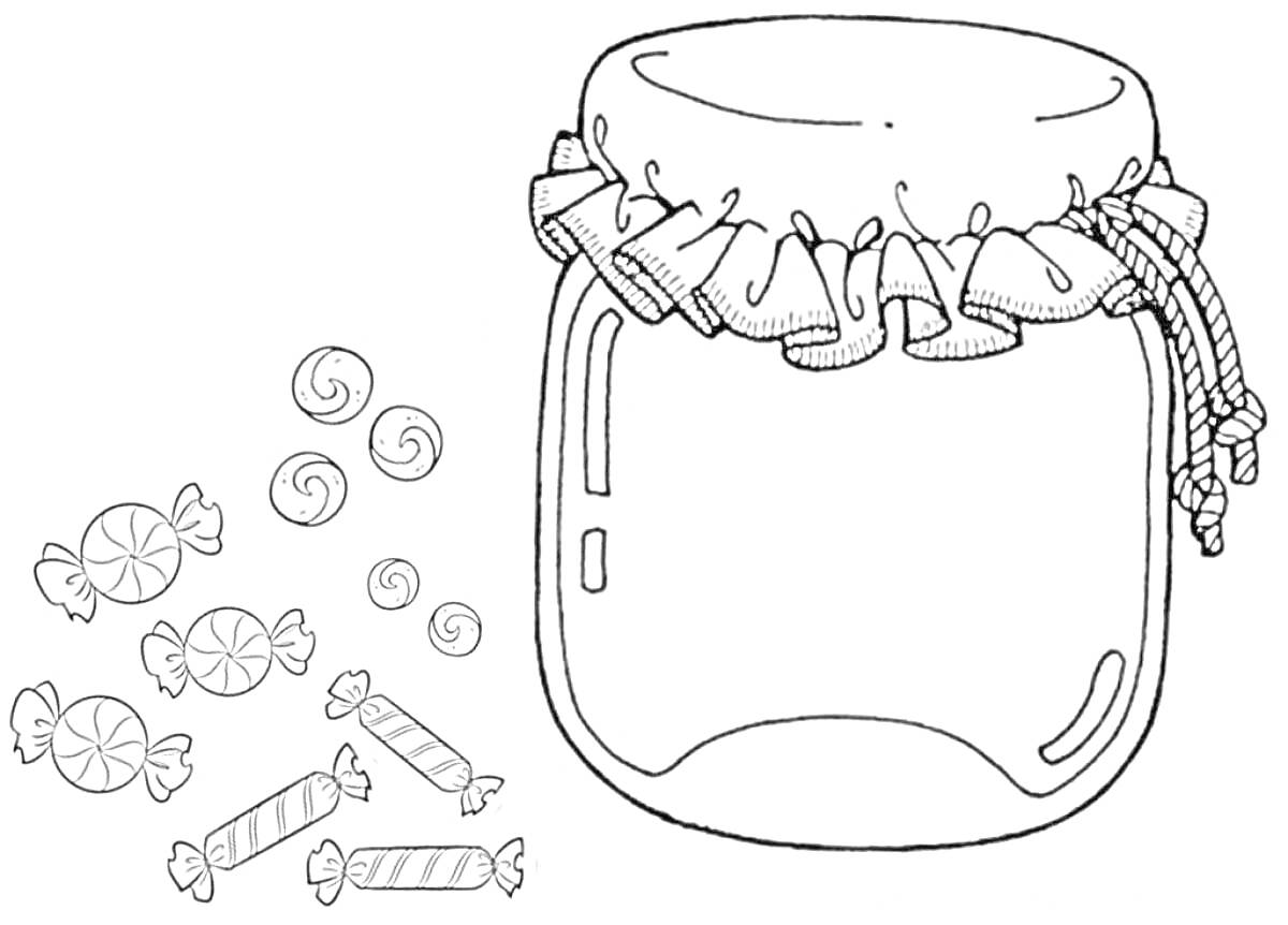 На раскраске изображено: Банка, Конфеты, Завязка, Сладости, Стеклянная банка