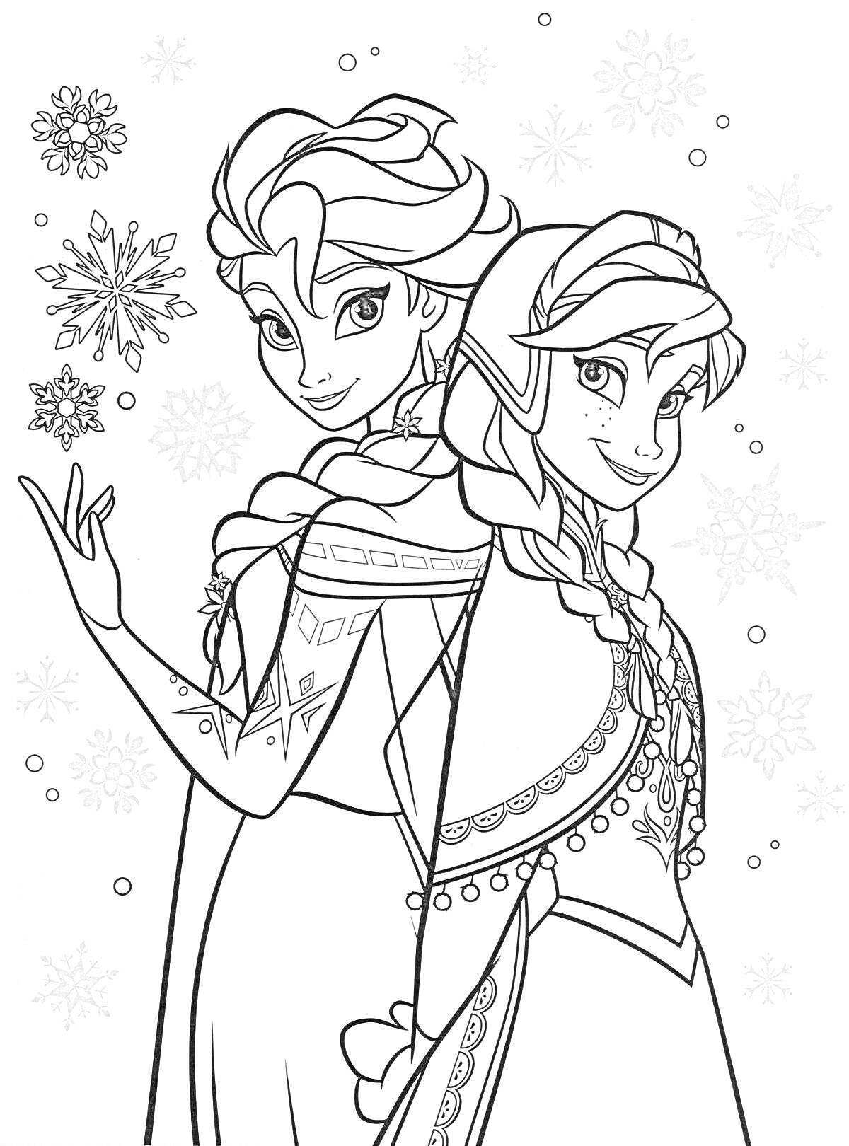 Раскраска Эльза и Анна в зимних платьях с снежинками на фоне