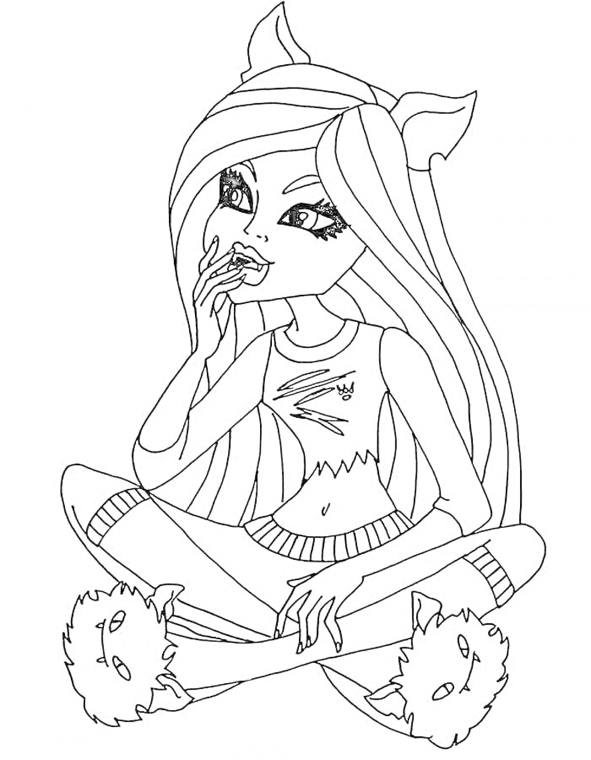 Раскраска Девушка Монстер Хай с длинными волосами в костюме с кошачьими ушками, сидящая в позе лотоса и грызущая ноготь, в тапочках с мордашками животных.