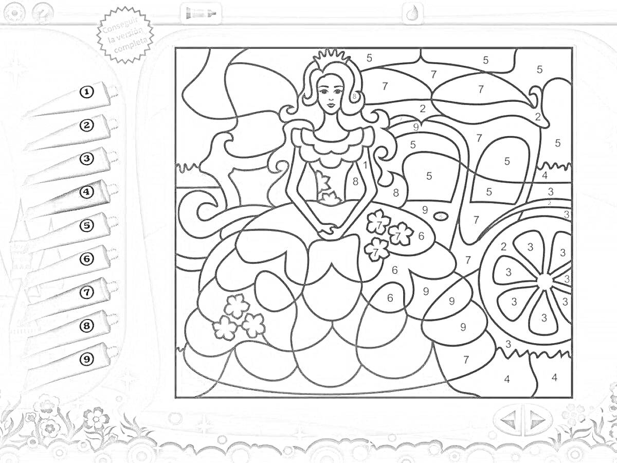 На раскраске изображено: Принцесса, Цветы, Номера, Цвета, Лимон