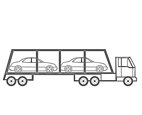 На раскраске изображено: Автовоз, Транспорт, Прицеп, Для детей, Грузовая машина, Легковая машина