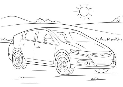Раскраска Honda автомобиль на фоне холмов и солнечного неба