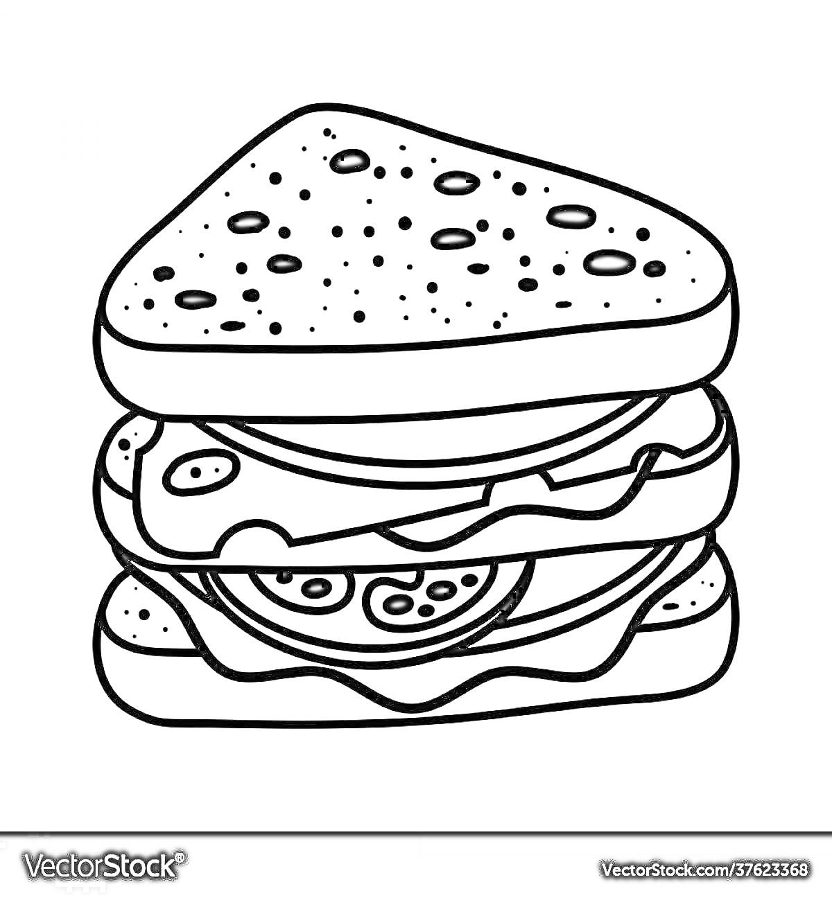 На раскраске изображено: Сэндвич, Еда, Для детей, Хлеб, Салат, Бутерброд