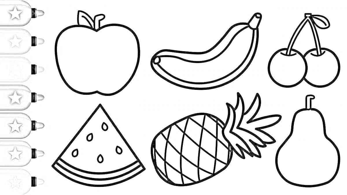 Раскраска Раскраска с фруктами: яблоко, банан, вишня, арбуз, ананас, груша