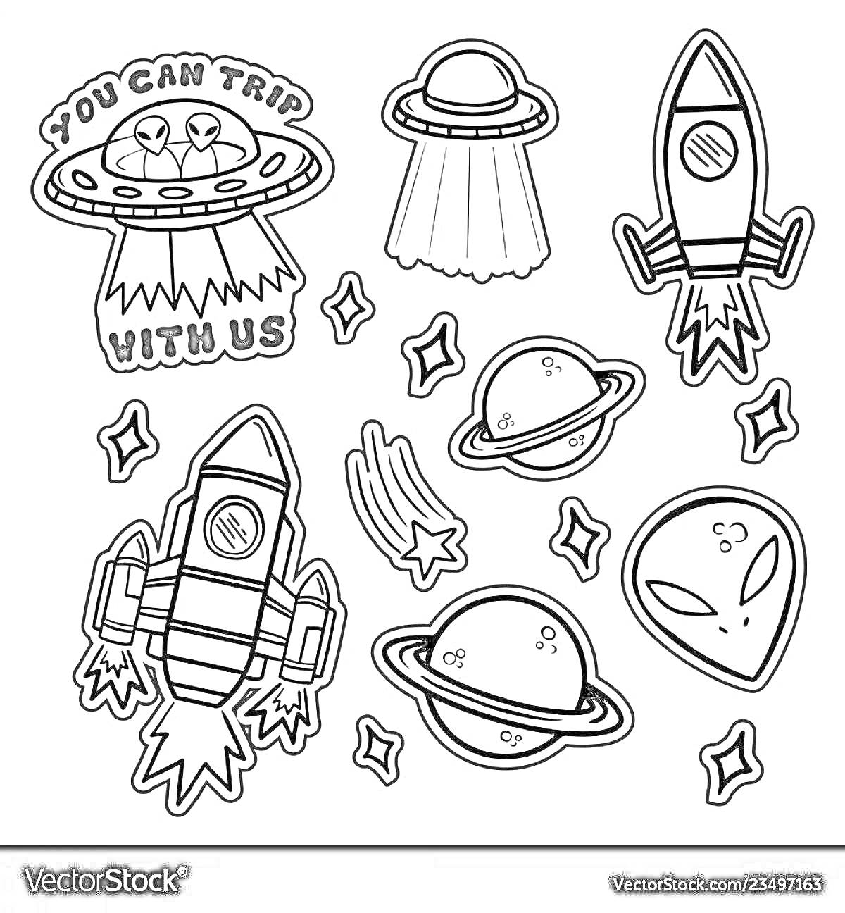 Раскраска Летающая тарелка с надписью, ракета, НЛО, планеты с кольцами, звезды, метеор, голова инопланетянина