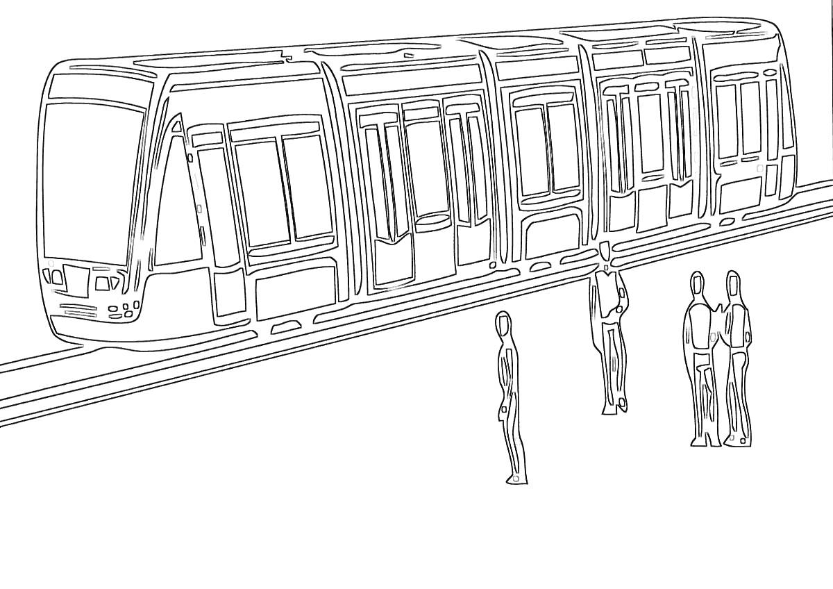 Раскраска Поезд метро и люди на платформе