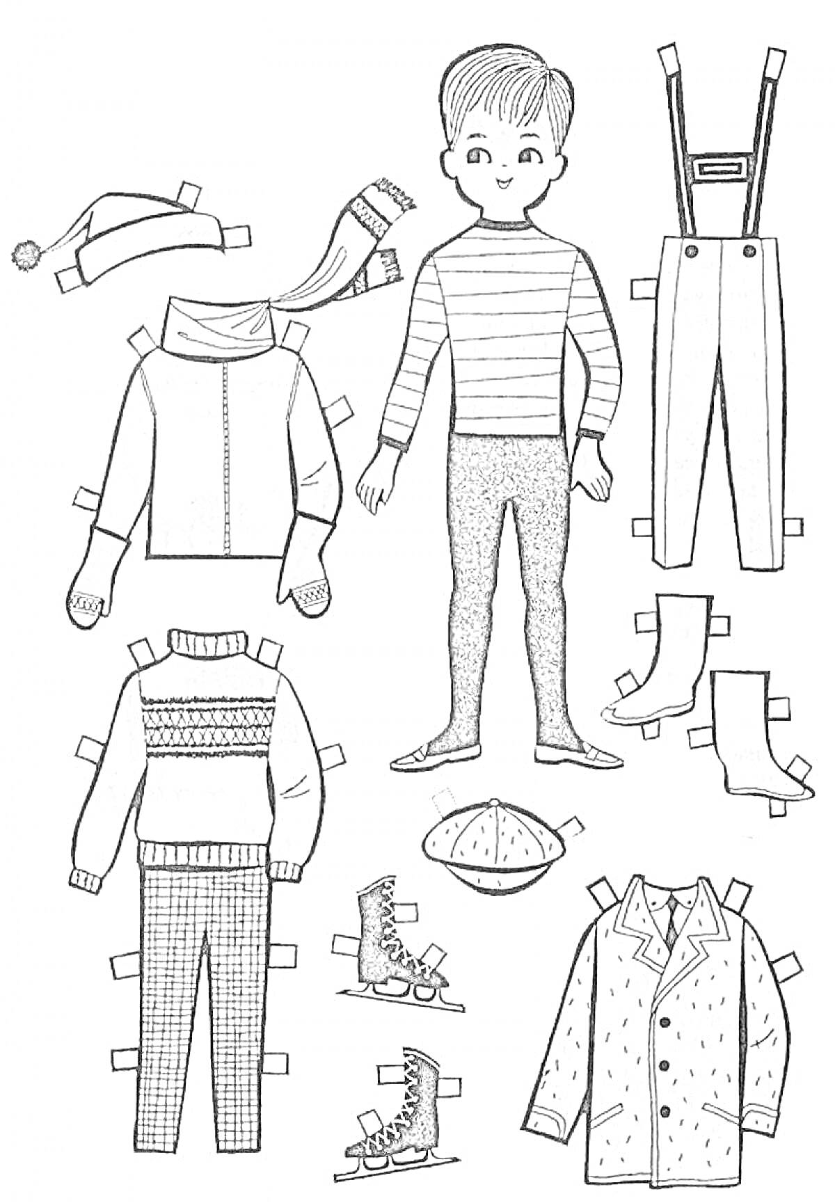 На раскраске изображено: Человек, Одежда, Шапка, Шарф, Куртка, Штаны, Подтяжки, Свитер, Ботинки, Коньки, Пальто, Бумажная кукла