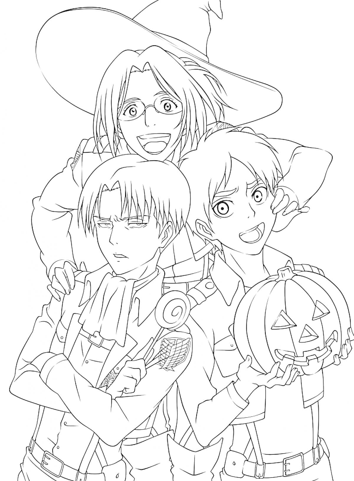 Три персонажа в костюмах на Хэллоуин, с тыквенными фонарями и леденцом