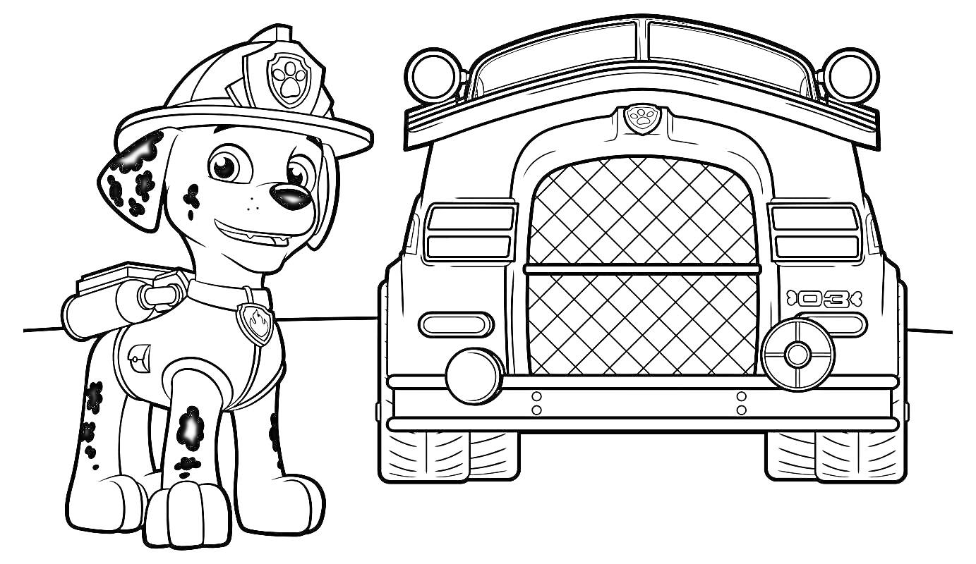 На раскраске изображено: Щенячий Патруль, Далматинец, Пожарная машина, Из мультфильмов, Для детей, Пожарные