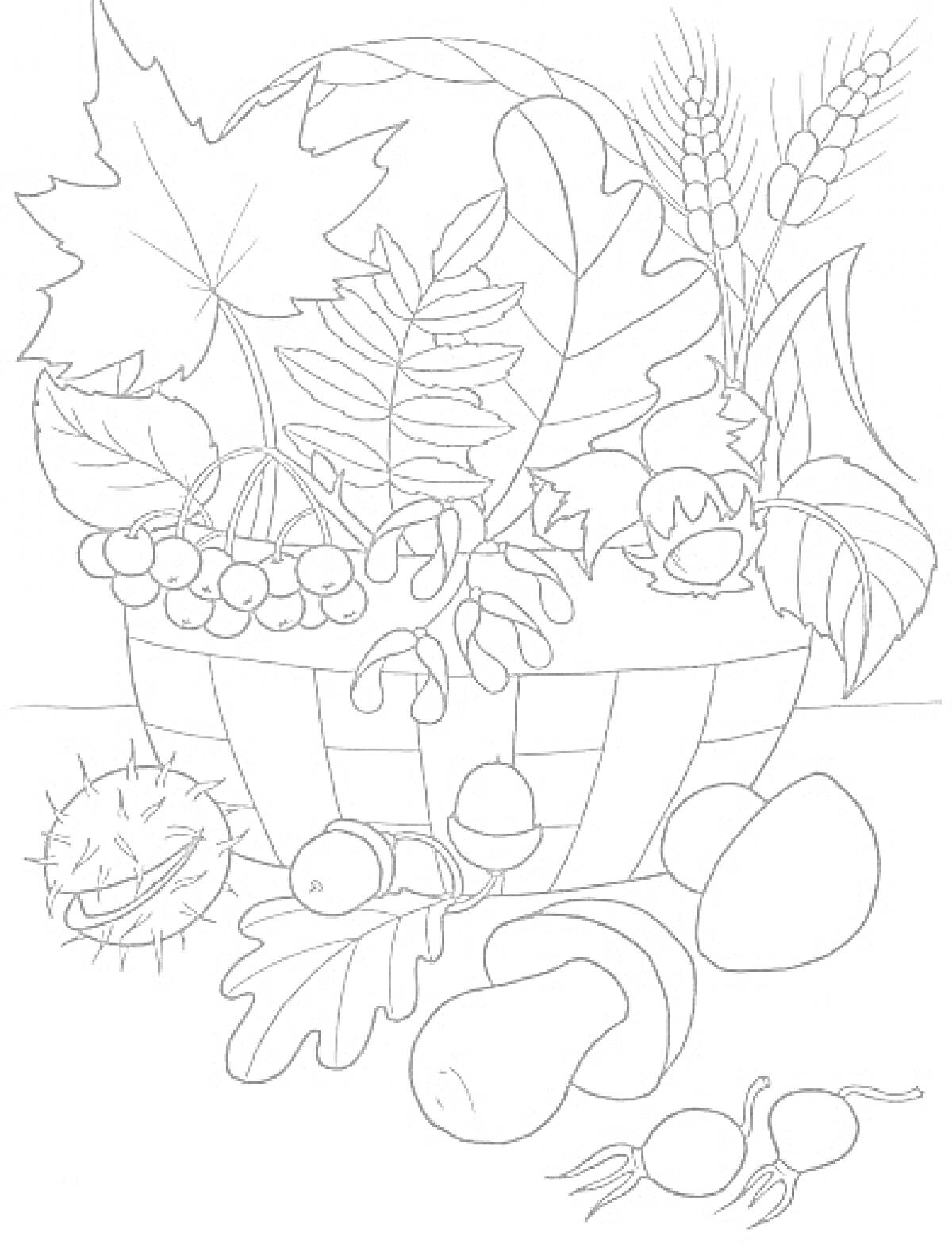 Раскраска Осенний букет с корзиной, листьями, плодами и грибами