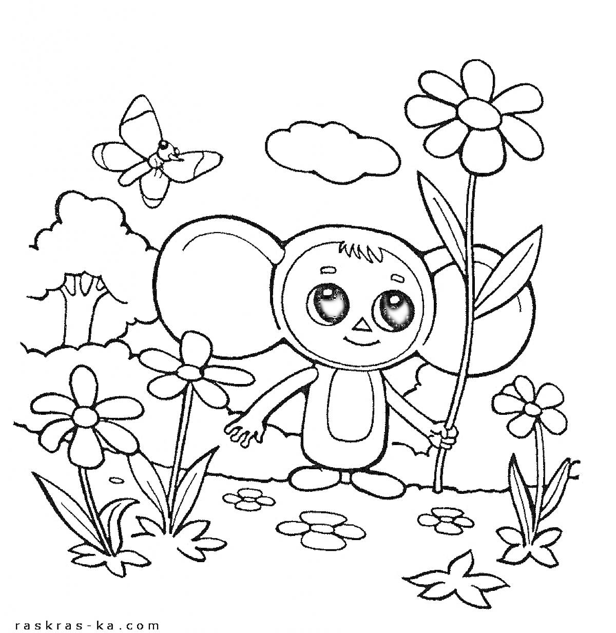 Раскраска Чебурашка держит цветок и стоит среди цветов, вокруг цветы, летает бабочка, на заднем плане кусты