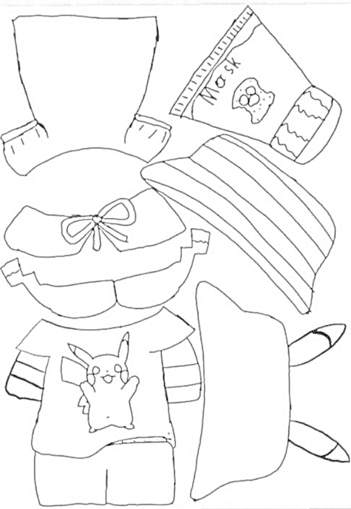 Раскраска Лалафанфан с одеждой (включает футболку с рисунком покемона, шортики, шапочку с бантом, маску, полосатый шарф, и шляпу с ушками)