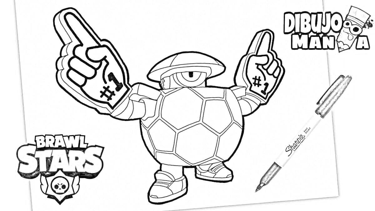 Раскраска Раскраска персонажа Дэрил из игры Brawl Stars с футбольным панцирем, логотипом Brawl Stars, логотипом Dibujo Mañana и маркером