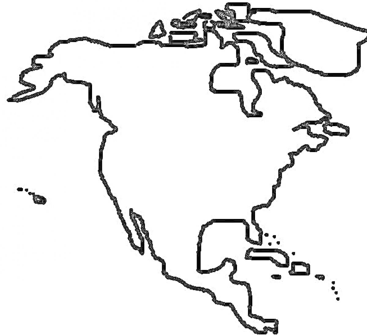 Контур карты Северной Америки с островами Карибского бассейна и Гавайскими островами