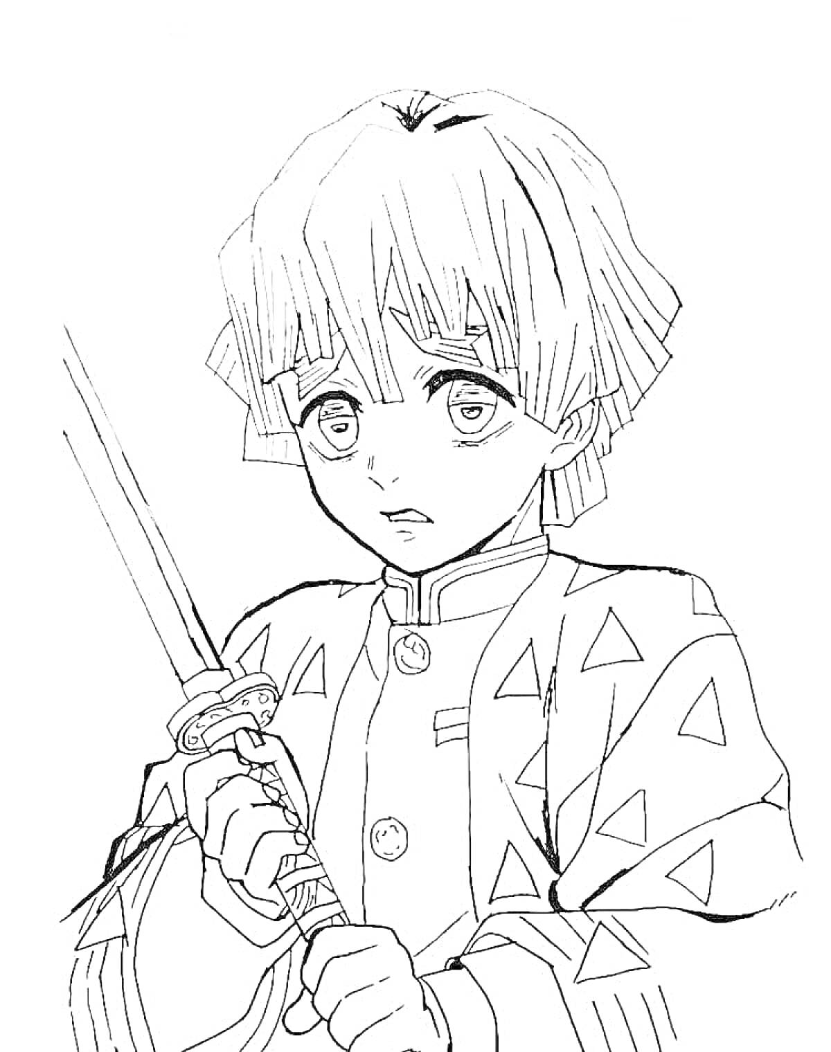 Раскраска Мальчик с мечом в плаще с узором из треугольников