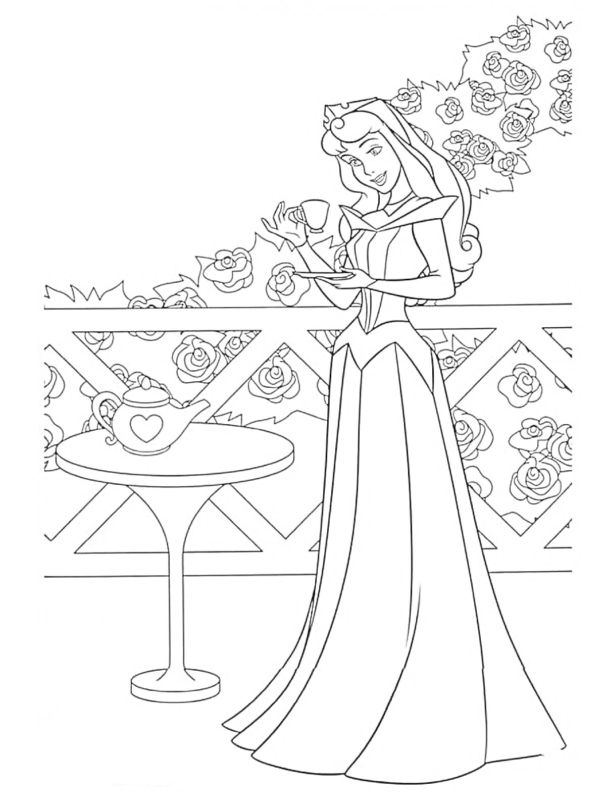 На раскраске изображено: Аврора, Принцесса, Чаепитие, Балкон, Цветы, Розы, Платье