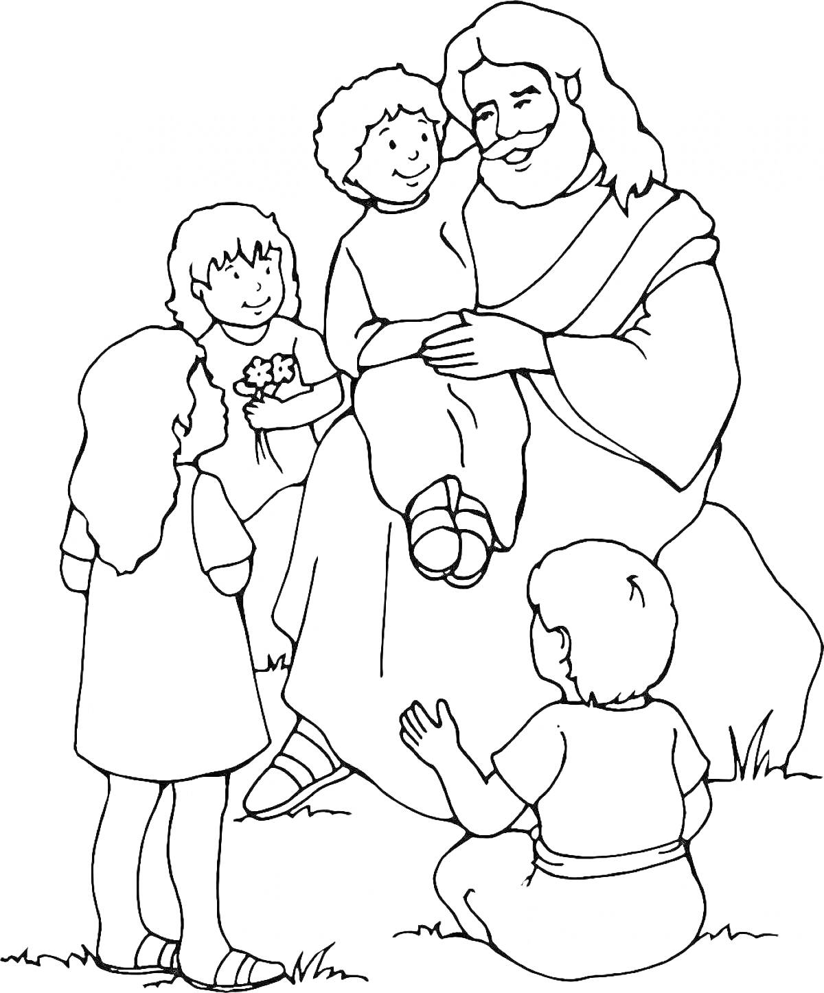 Раскраска Иисус сидит на камне и благословляет детей