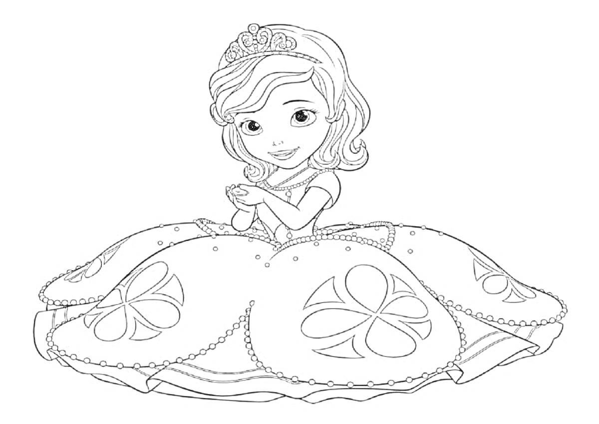 Раскраска Принцесса с тиарой, в платье с цветочным узором и перчатками