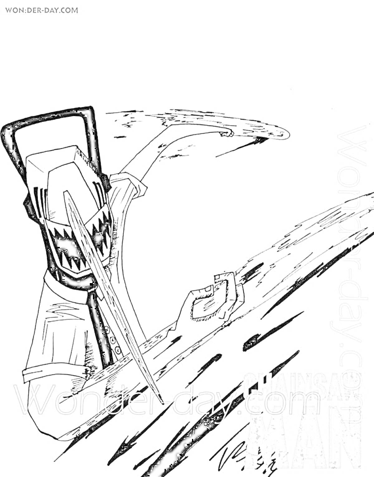 Раскраска Человек с головой бензопилы в атакующей позе, текст 