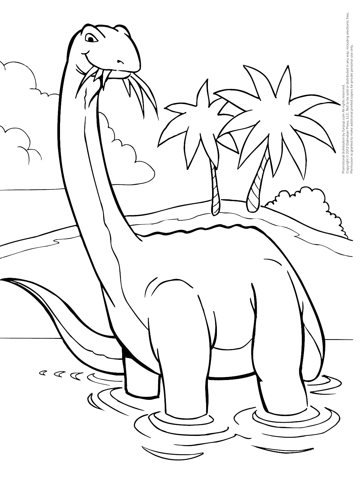 На раскраске изображено: Динозавр, Длинная шея, Вода, Пальмы, Облака