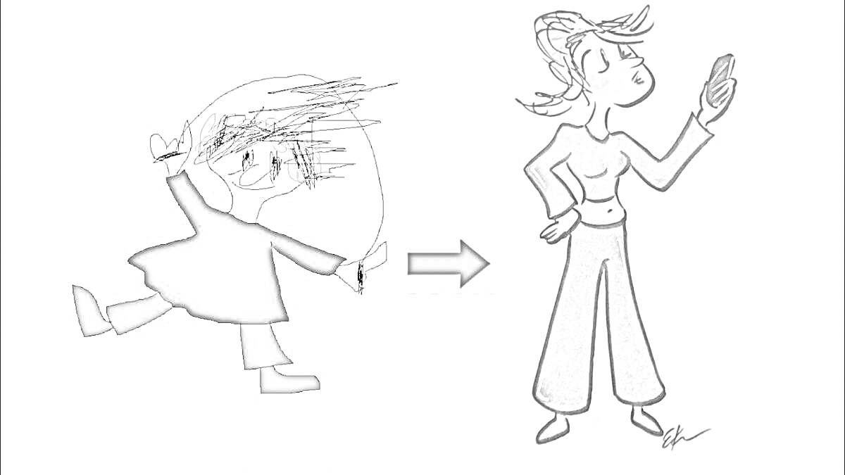 Раскраска Девочка с кудрявыми волосами до и после, мультфильм, в красной куртке и сотовым телефоном