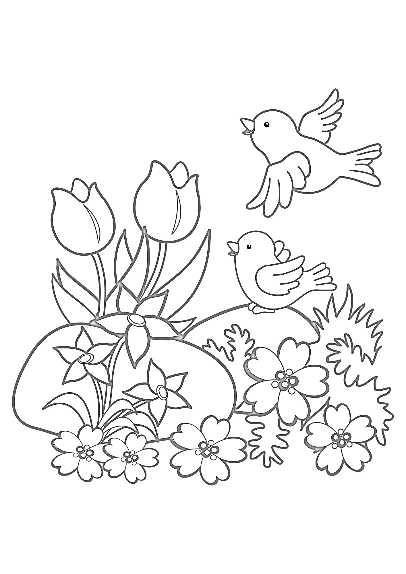 На раскраске изображено: Весна, Тюльпаны, Цветы, Растения, Природа, Птица