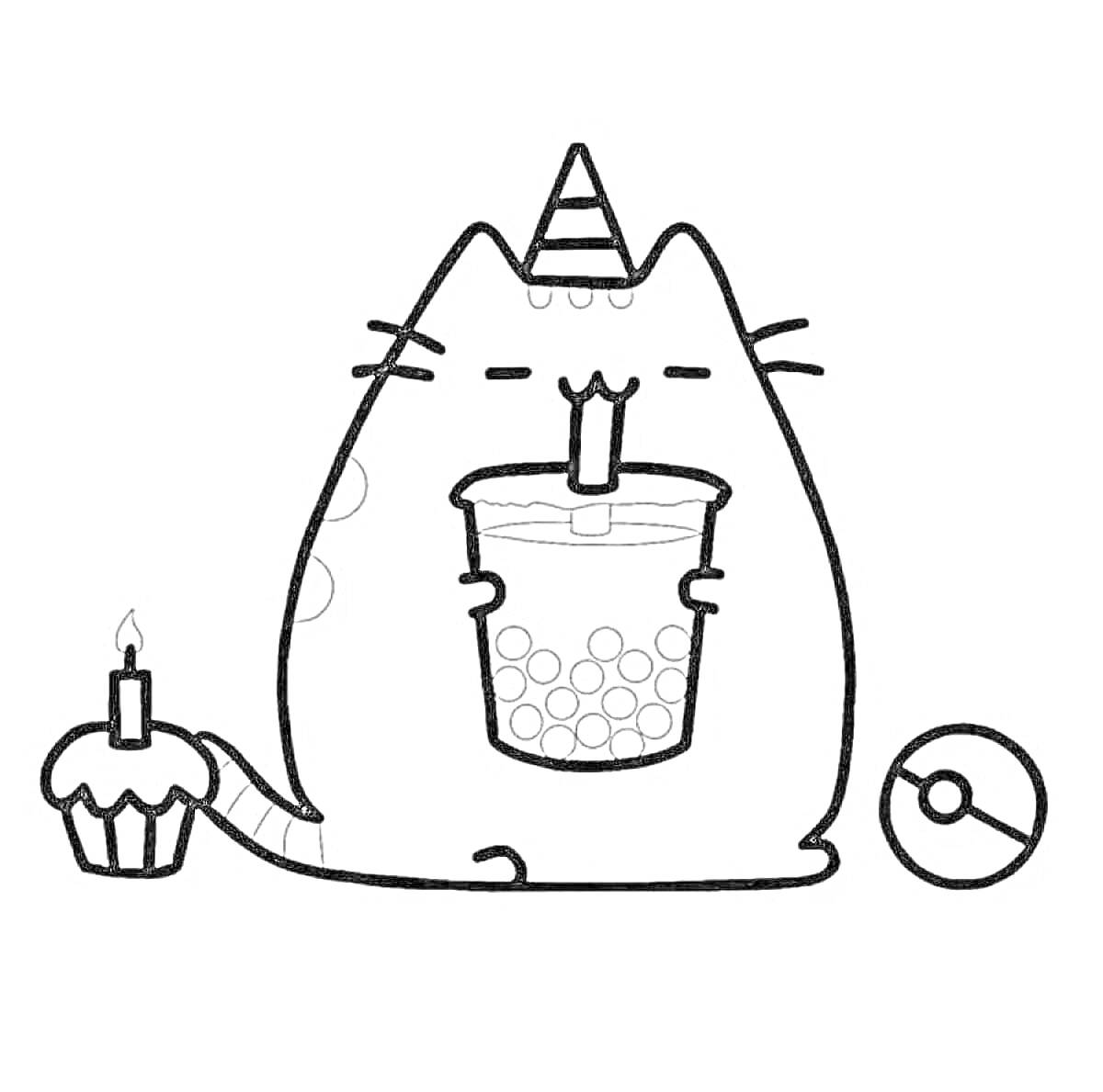 На раскраске изображено: Кот, Шапка, Напиток, Хвост, Усы