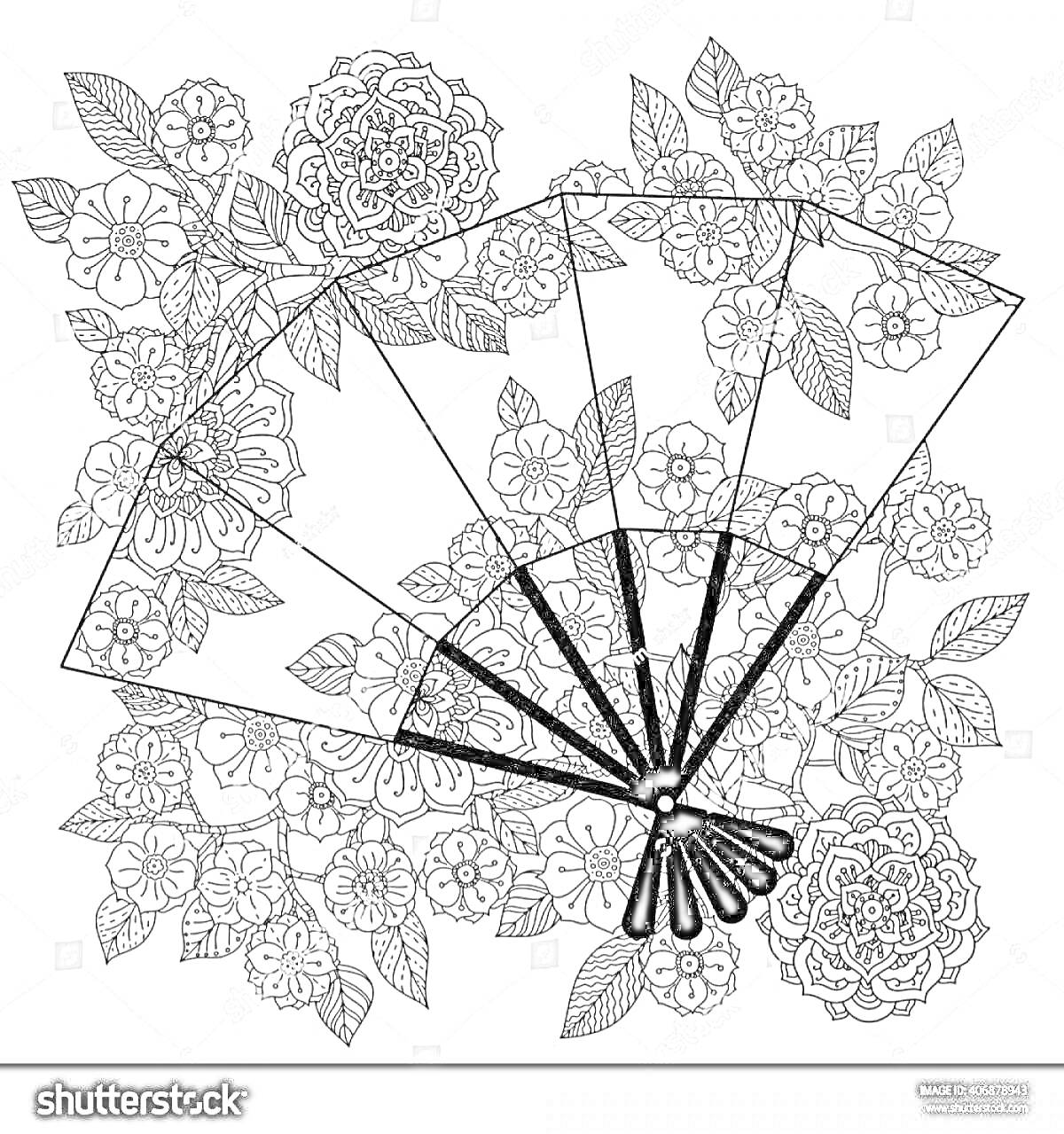 Раскраска Китайский веер с цветами и листьями