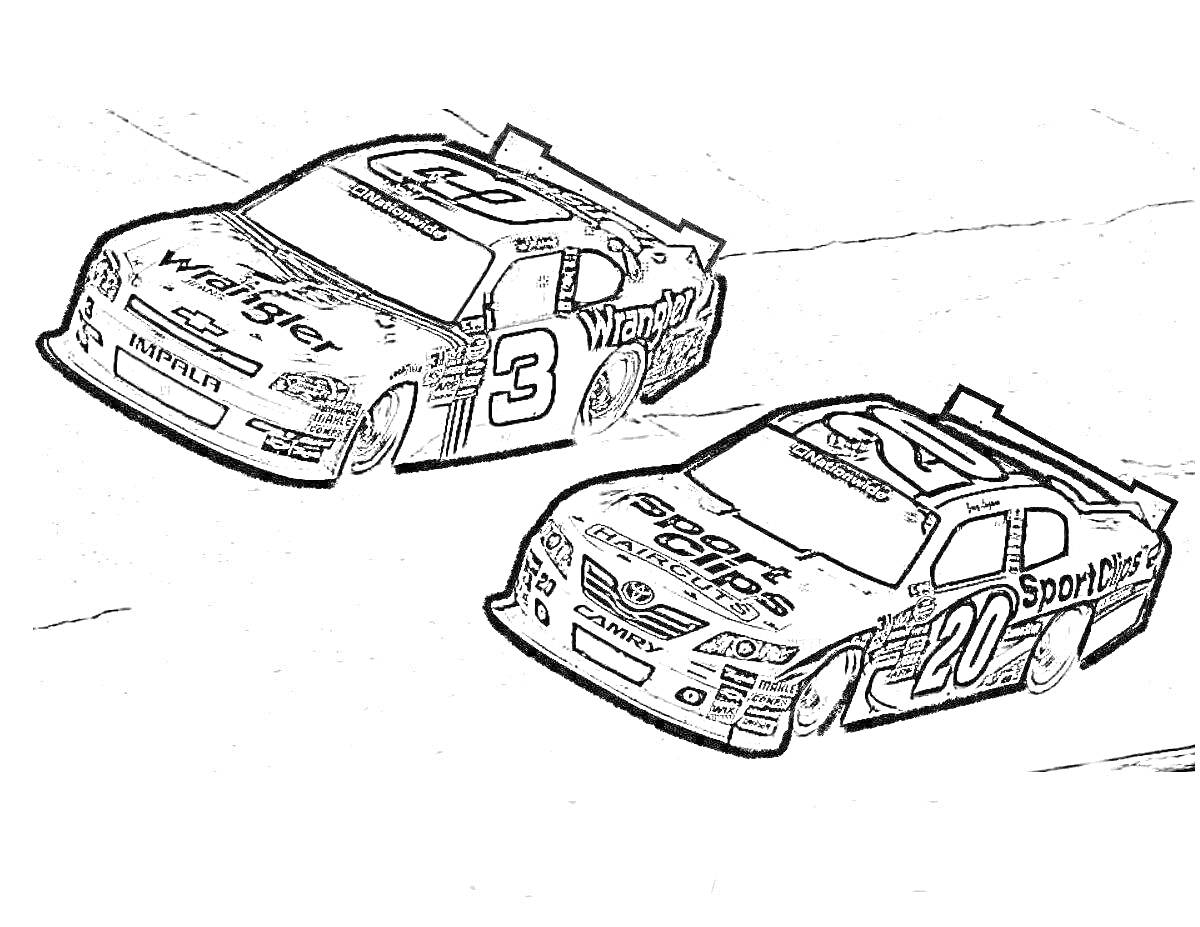 Раскраска Гоночные автомобили с номерами 3 и 20