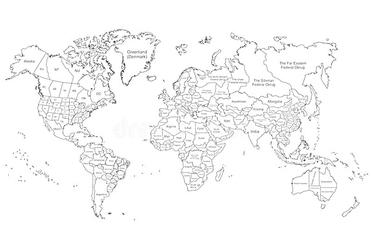 Раскраска Политическая карта мира с континентами, странами и их границами