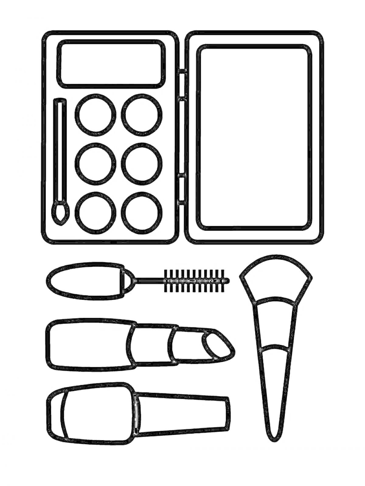 На раскраске изображено: Косметика, Макияж, Тушь для ресниц, Помада, Кисть для макияжа, Для детей