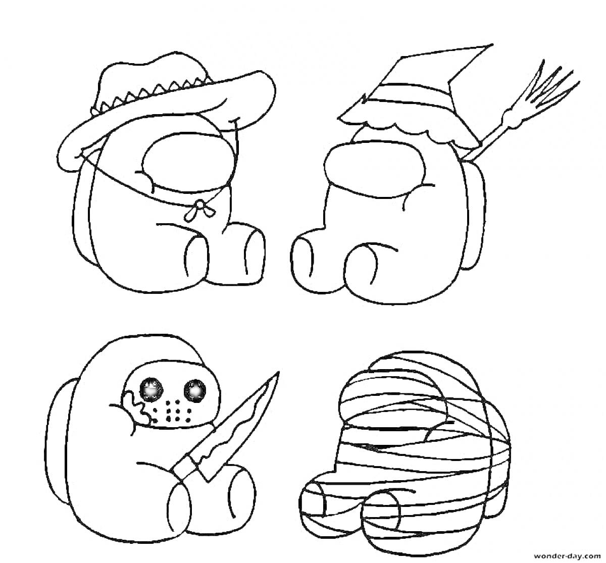 На раскраске изображено: Амонг Ас, Ковбойская шляпа, Ведьмина шляпа, Маска, Нож, Бинты