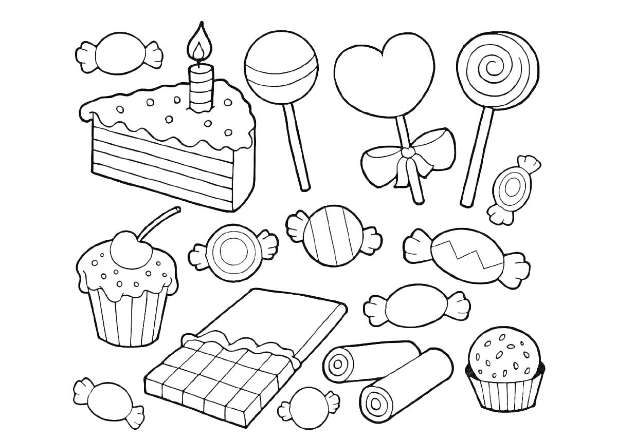 кусочек торта с свечой, два леденца, леденец в форме сердца с бантом, пять конфет в обертке, капкейк, шоколадная плитка, два рулета, маффин