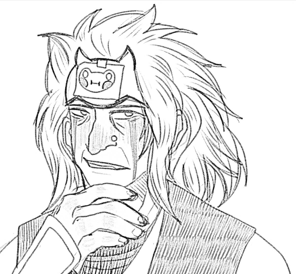 Раскраска Аниме персонаж с длинными волосами, металлической повязкой на лбу и подведенными глазами, в раздумьях