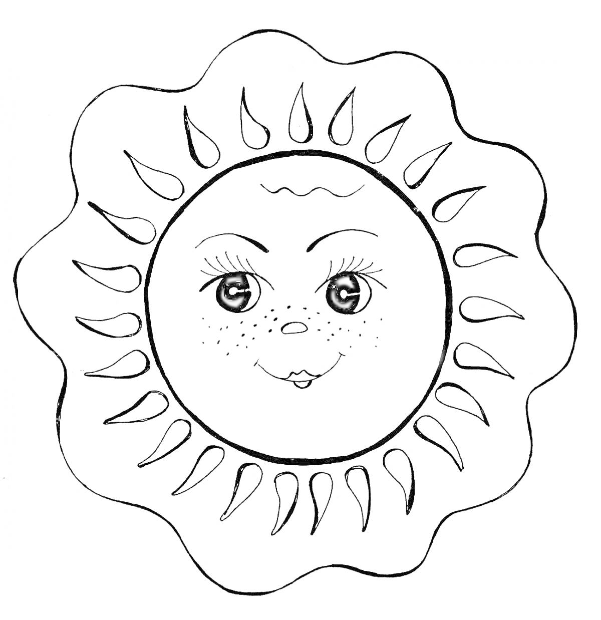 На раскраске изображено: Лицо, Лучи, Веснушки, Улыбка, Глаза, Контурные рисунки, Солнце