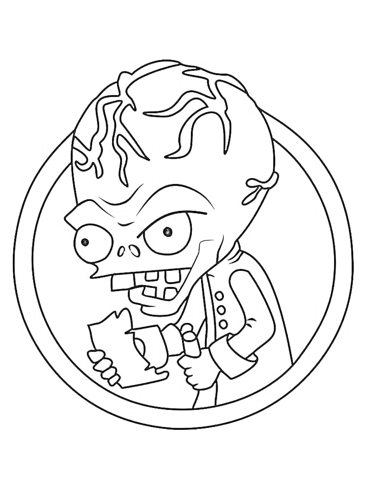 Раскраска Зомби с топором и картой в круглом обрамлении