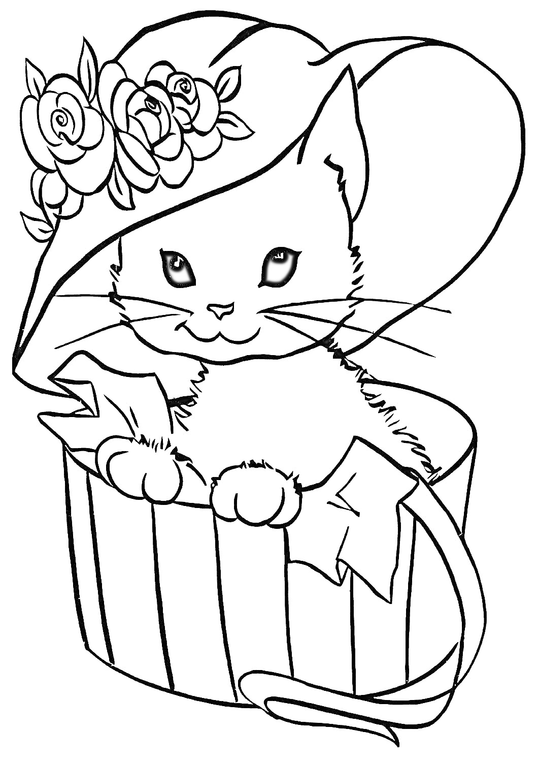 Котенок в шляпе с цветами в горшке