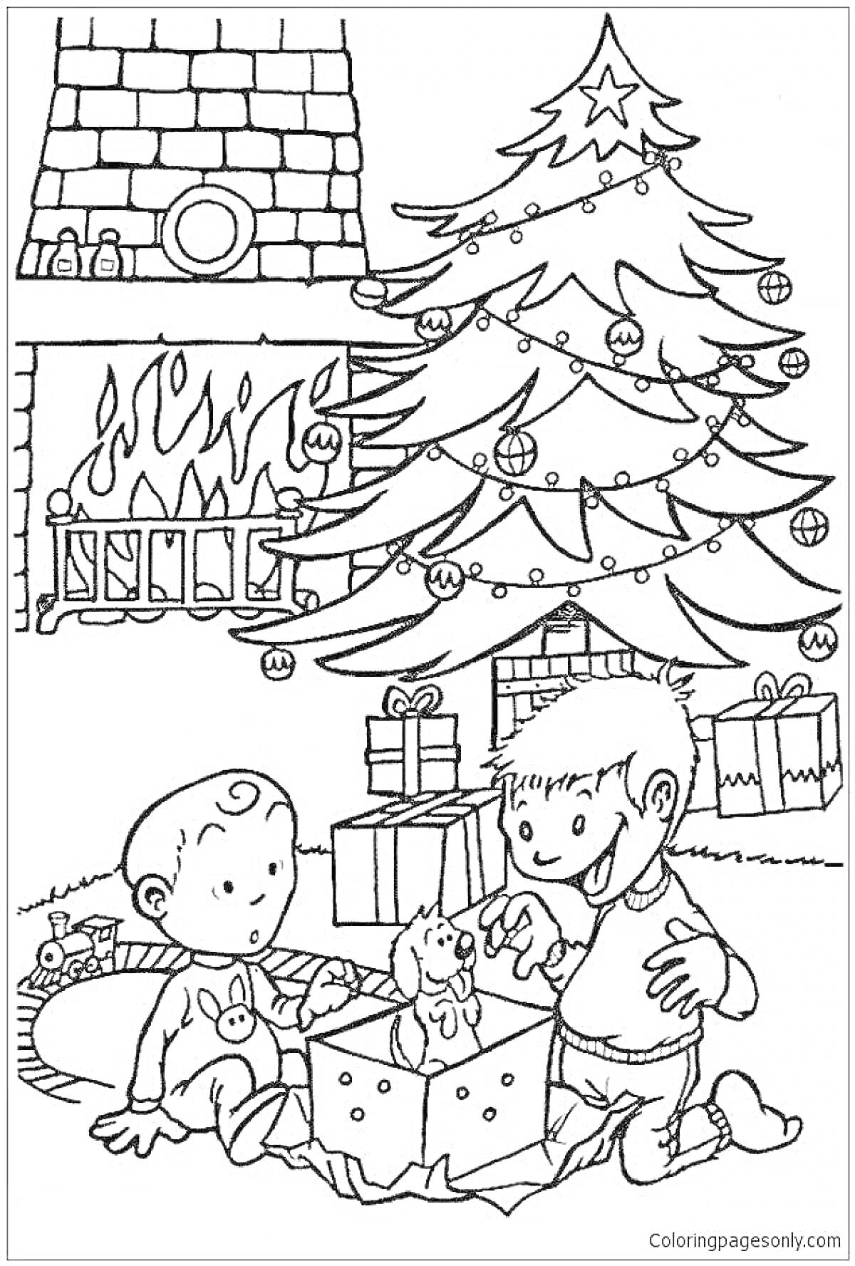 Раскраска Дети около ёлки с подарками и камином на фоне