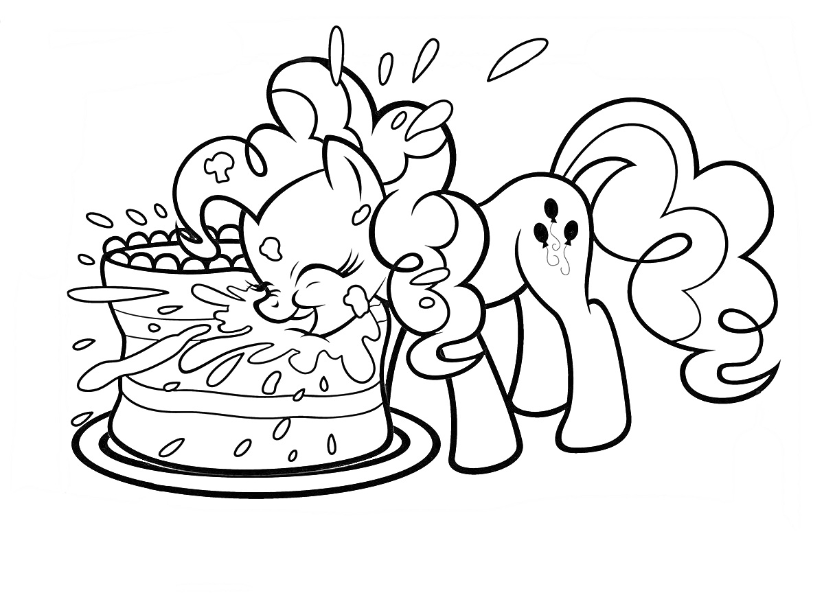 Раскраска Пинки Пай ест торт (Пинки Пай облизывает торт, и от него разлетаются частицы)