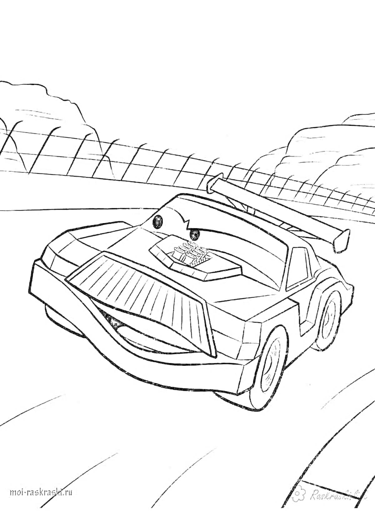 На раскраске изображено: Трасса, Лицо, Антикрыло, Природа, Деревья, Забор