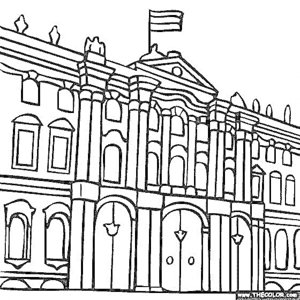 Раскраска Эрмитаж, фасад здания, окна, колонны, двери, флаг на крыше