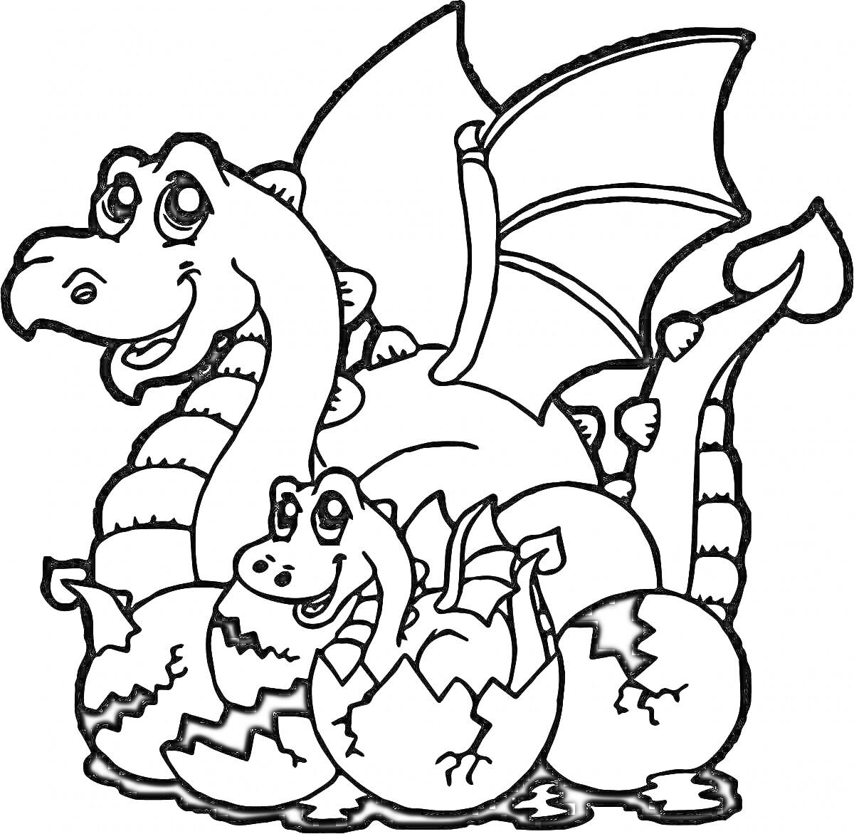 Раскраска Змей Горыныч с одним телом и тремя головами сзади, младенец-змей Горыныч вылупившийся из одного из трех яиц с трещинами